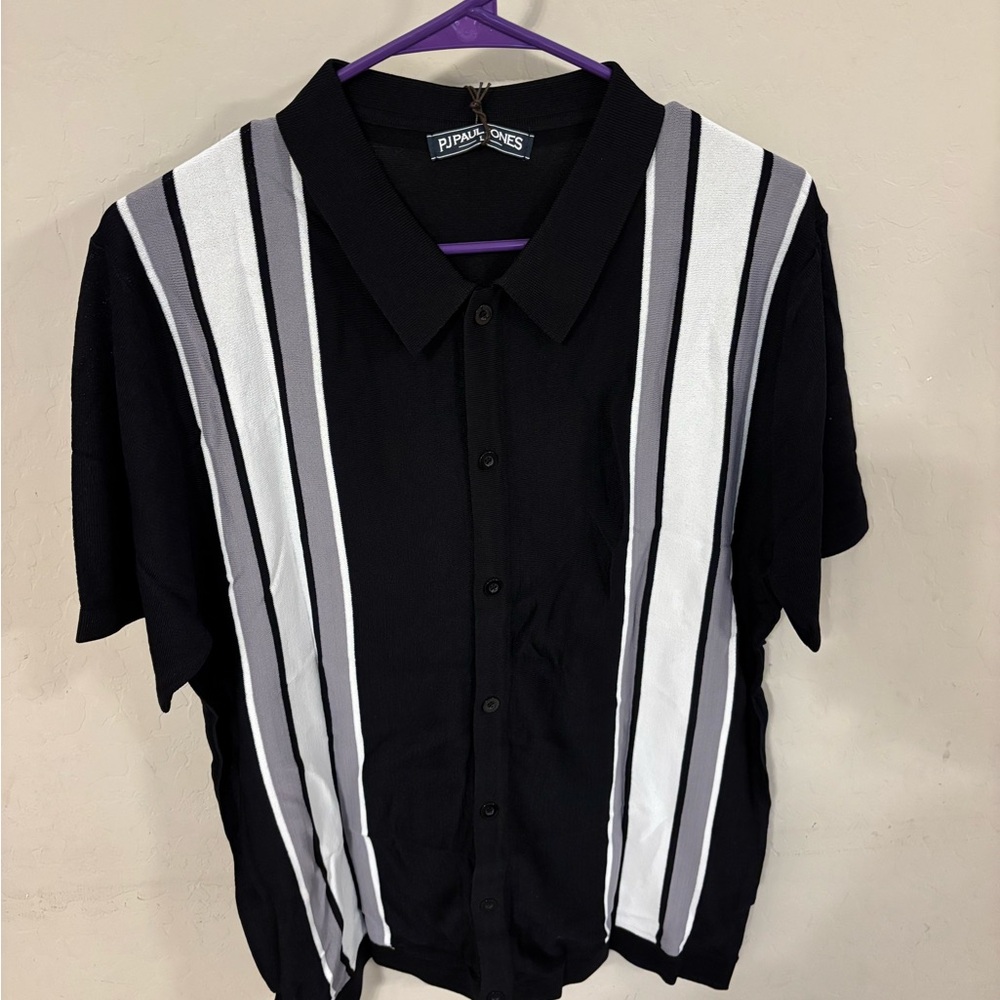 Black Short-Sleeve Button Shirt with Gray & White Stripes